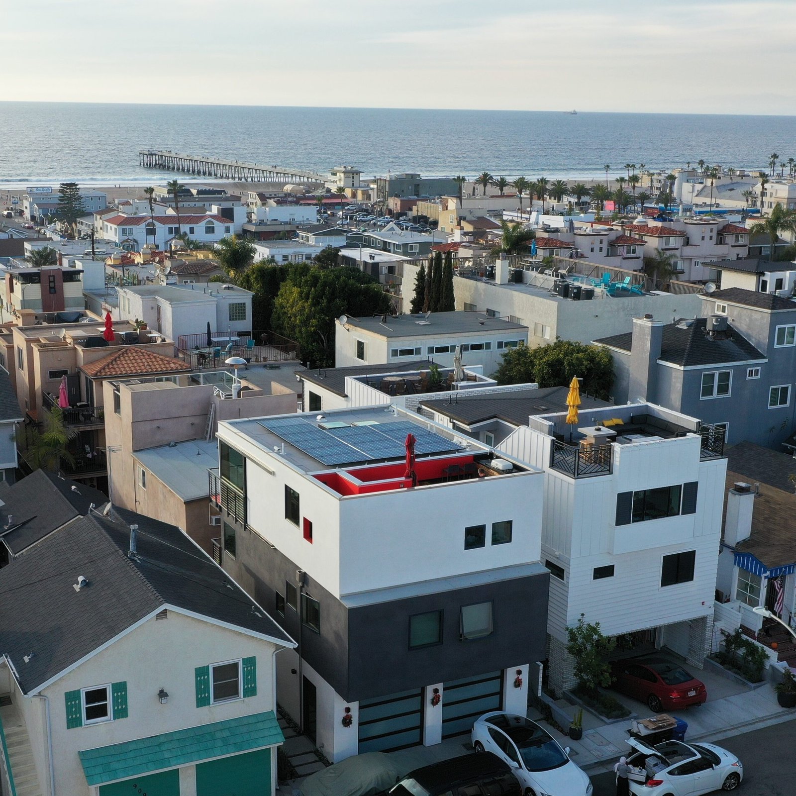 Aerial view of the Squares House near the Hermosa Beach pier