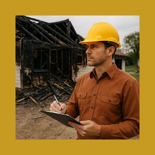 Architect with a hard hat assessing damage