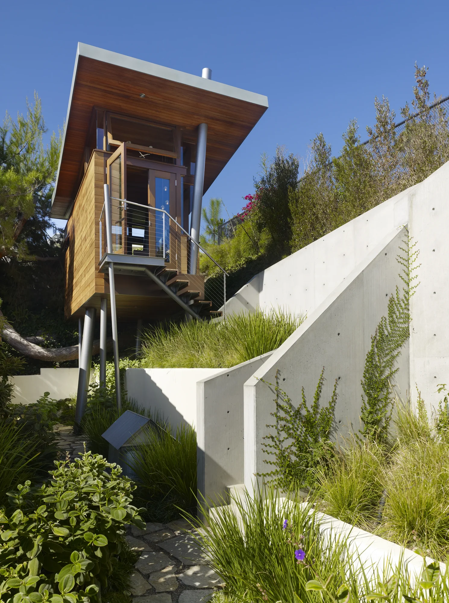 Modern wood-clad tower structure elevated on stilts with concrete retaining walls and native landscape plantings.